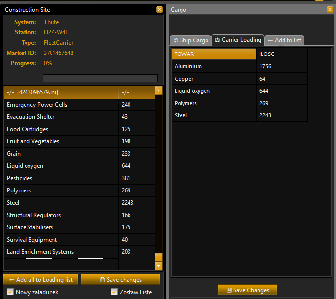 Panel cargo Ellite Dangerous Log Parser