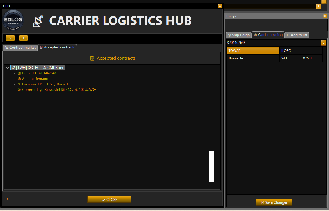 Panel carrier logistics hub shoppning Ellite Dangerous Log Parser