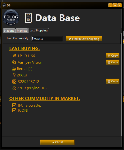 Panel last shoppning Ellite Dangerous Log Parser