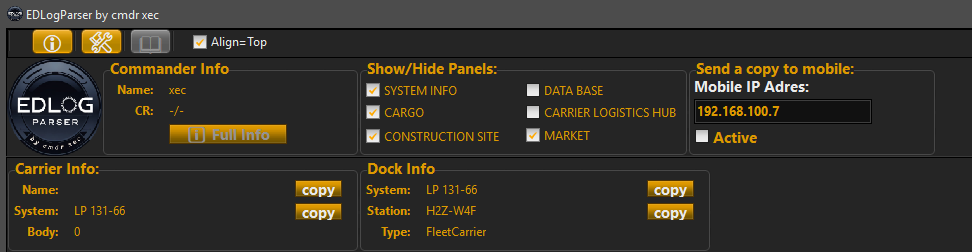 Panel główny Ellite Dangerous Log Parser